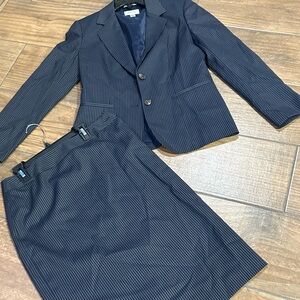 Talbots navy pinstriped blazer and pencil skirt suit set.